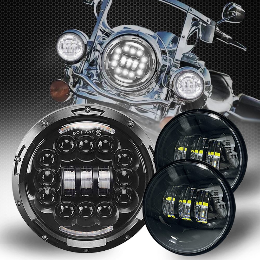 Sliver 7 Inch Round LED Motorcycle Headlight with 4.5 Inch Passing Lamps Fog Lights Mounting Ring for Harley Davidson Touring Road King Ultra Classic Electra Street Glide Tri Cvo Heritage