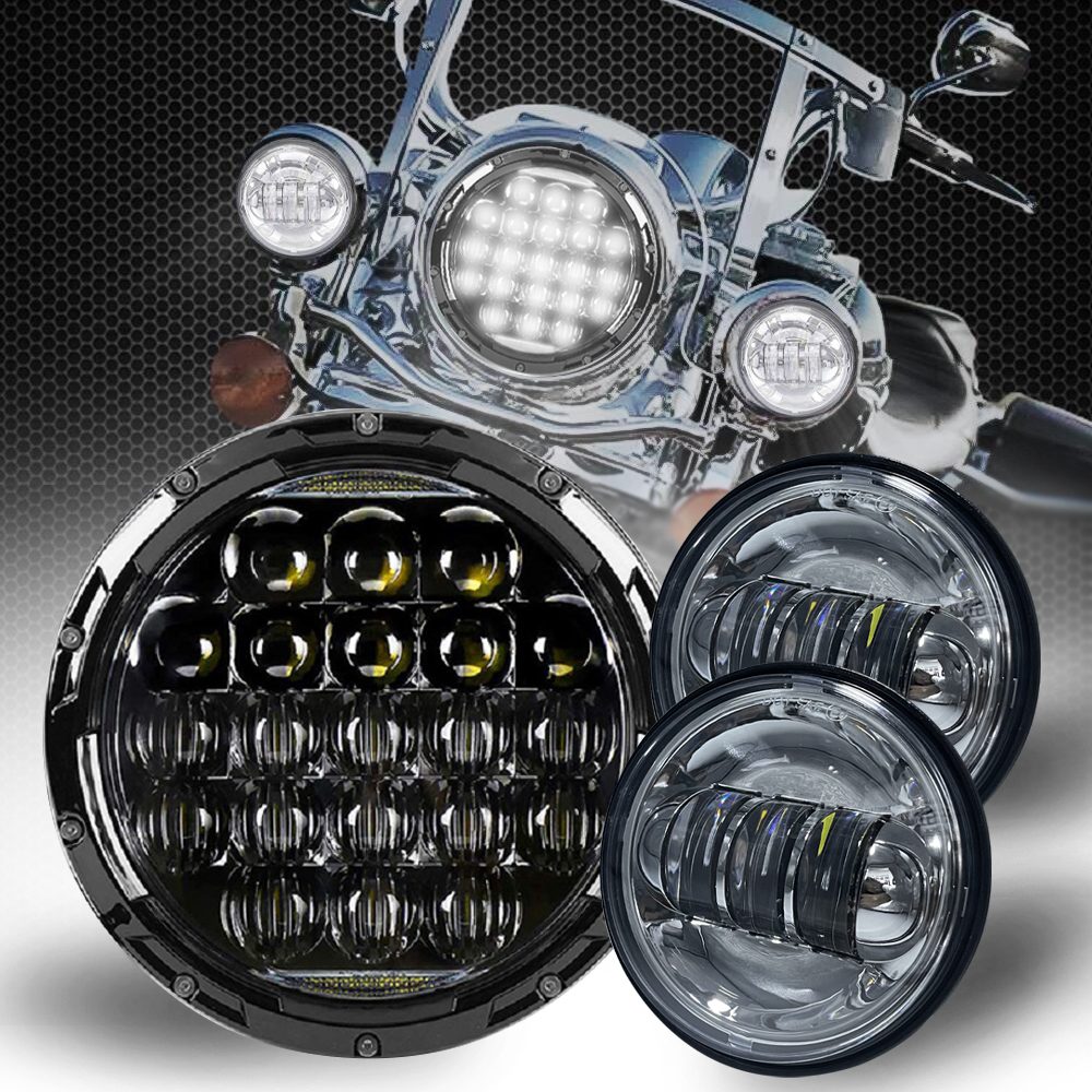 Customized New Style 7 Inch LED Headlight with Halo DRL 4-1/2 Passing Lamps Fog Lights Motorcycle Headlamp Kit Set for Harley Davidson Electra Glide Road King Heritage Softail Touring 