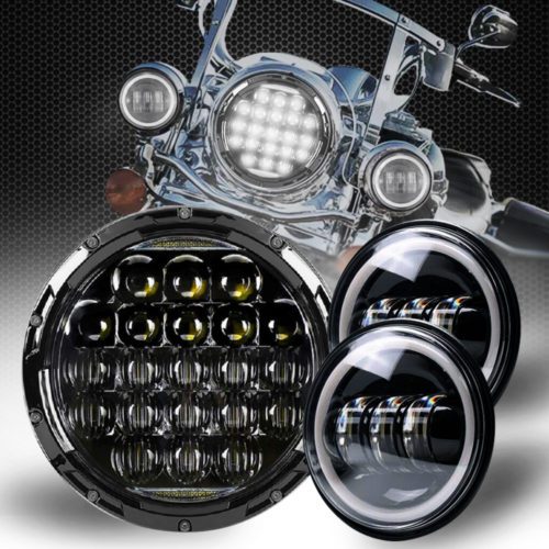 Customized New Style 7 Inch LED Headlight with Halo DRL 4-1/2 Passing Lamps Fog Lights Motorcycle Headlamp Kit Set for Harley Davidson Electra Glide Road King Heritage Softail Touring 