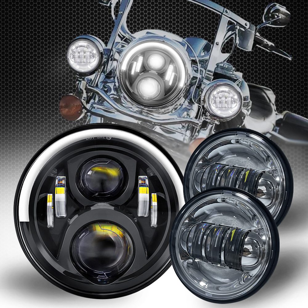 7Inch 60W Chrome For Harley LED Headlight Kit & 4.5Inch Halo Passing Lamps 