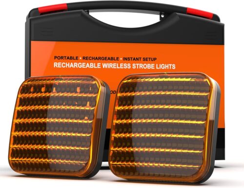 Magnetic Wireless LED Strobe Lights For Trucks Trailers Work Vehicles | Amber Emergency Strobe Lights, Portable Wireless Strobe Light, Rechargeable Hazard Light, USB-C Fast Charge, IP65 Waterproof